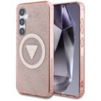 Калъф Guess 4G Glitter Triangle Buttons MagSafe за Galaxy S25 – Розов