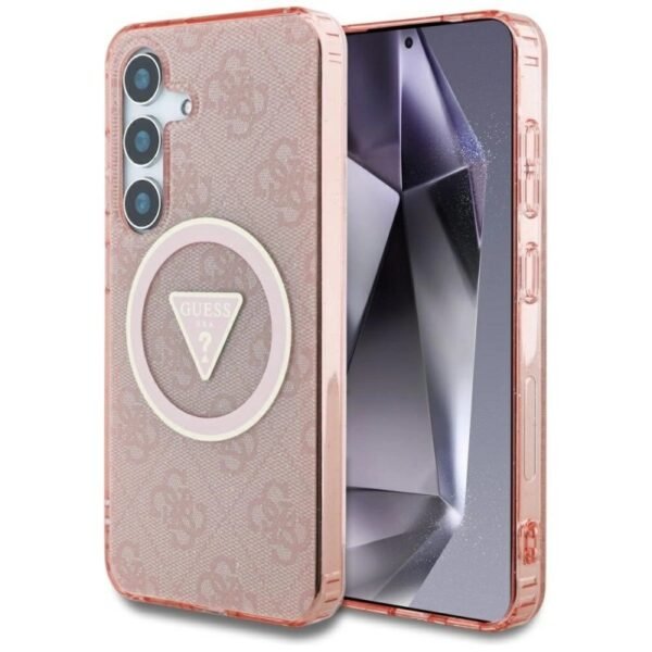 Калъф Guess 4G Glitter Triangle Buttons MagSafe за Galaxy S25 – Розов