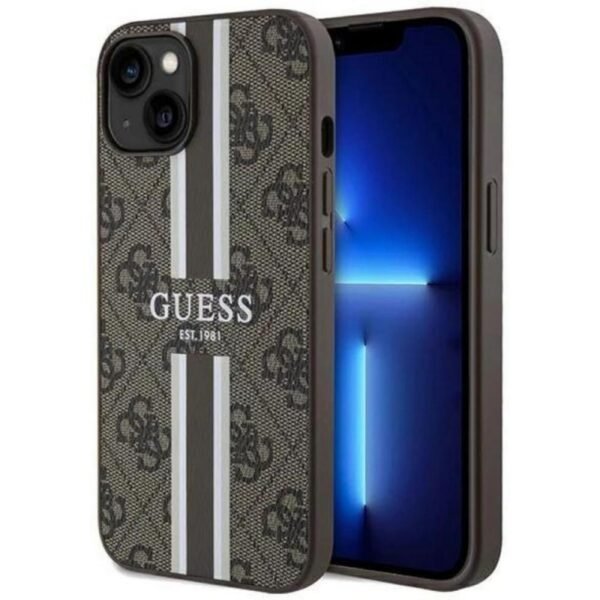 Калъф Guess 4G Printed Stripes MagSafe за iPhone 15 – Кафяв