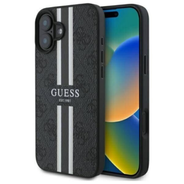 Калъф Guess 4G Printed Stripes MagSafe за iPhone 16 – Черен