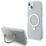 Калъф Guess Ring Stand Script Glitter MagSafe за iPhone 15 Plus – Прозрачен