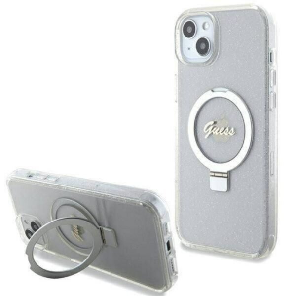 Калъф Guess Ring Stand Script Glitter MagSafe за iPhone 15 Plus – Прозрачен