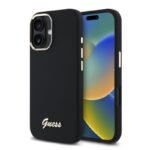 Калъф Guess Silicone Script Metal Logo and Frame за iPhone 16 – Черен