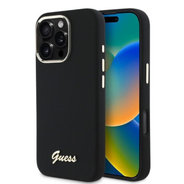 Калъф Guess Silicone Script Metal Logo and Frame за iPhone 16 Pro – Черен