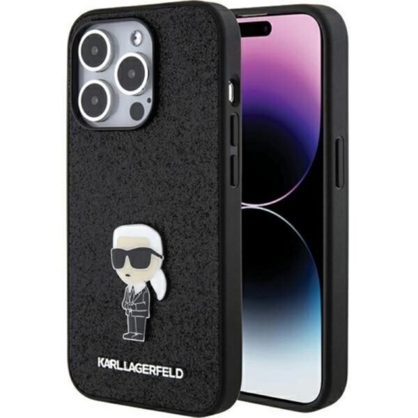 Калъф Karl Lagerfeld Fixed Glitter Ikonik Logo Metal Pin за iPhone 15 Pro – Черен