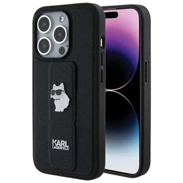 Калъф Karl Lagerfeld Gripstand Saffiano Choupette Pins за iPhone 15 Pro – Черен