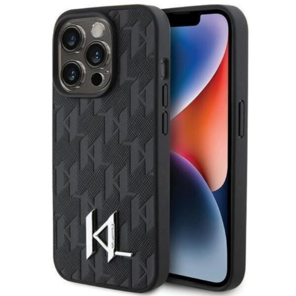 Калъф Karl Lagerfeld Leather Monogram Hot Stamp Metal Logo за iPhone 15 Pro – Черен