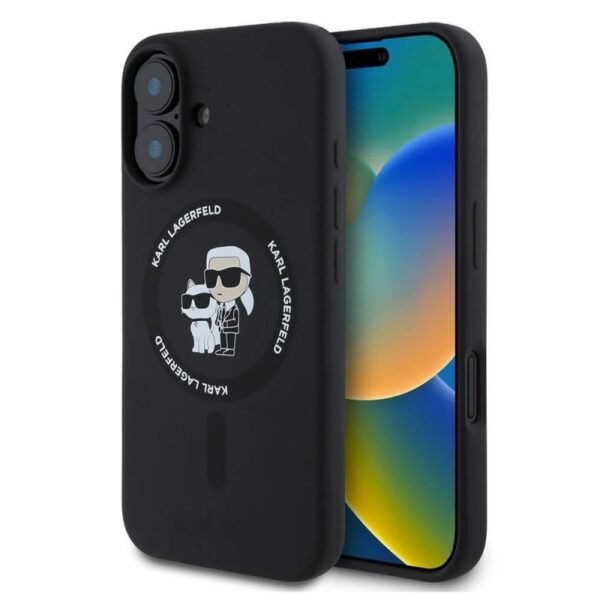 Калъф Karl Lagerfeld Silicone Karl and Choupette Heads MagSafe за iPhone 16 – Черен