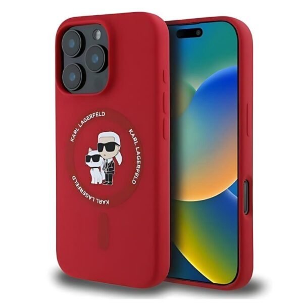 Калъф Karl Lagerfeld Silicone Karl and Choupette Heads MagSafe за iPhone 16 Pro – Червен