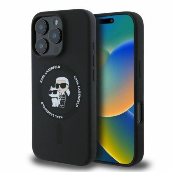 Калъф Karl Lagerfeld Silicone Karl and Choupette Heads MagSafe за iPhone 16 Pro Max – Черен