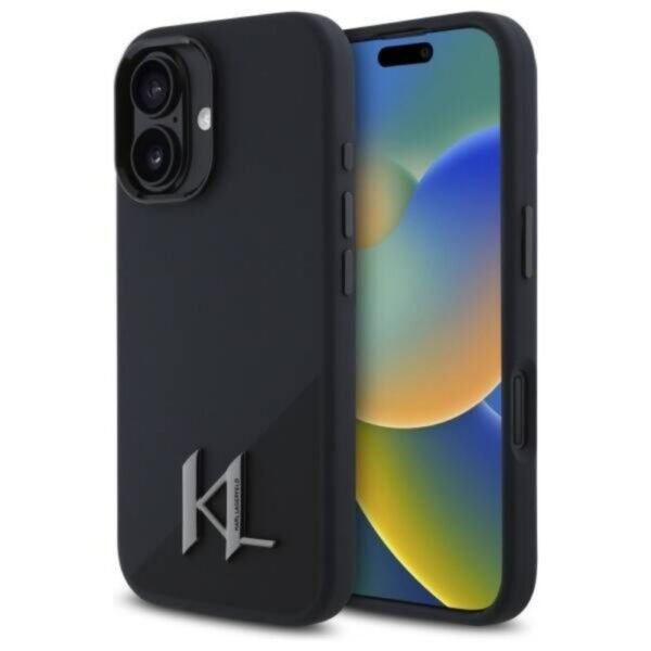 Калъф Karl Lagerfeld Silicone Shadow Metal Initial MagSafe за iPhone 16 – Черен