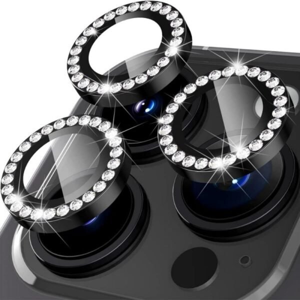 Протектор за камера MBX метални рингове с камъни за iPhone 14 Pro – Черен