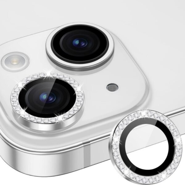Протектор за камера MBX метални рингове с камъни за iPhone 15 – Сребрист