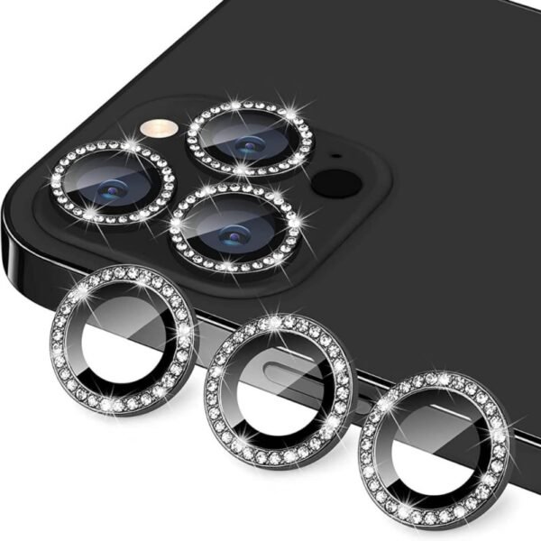 Протектор за камера MBX метални рингове с камъни за iPhone 15 Pro – Черен