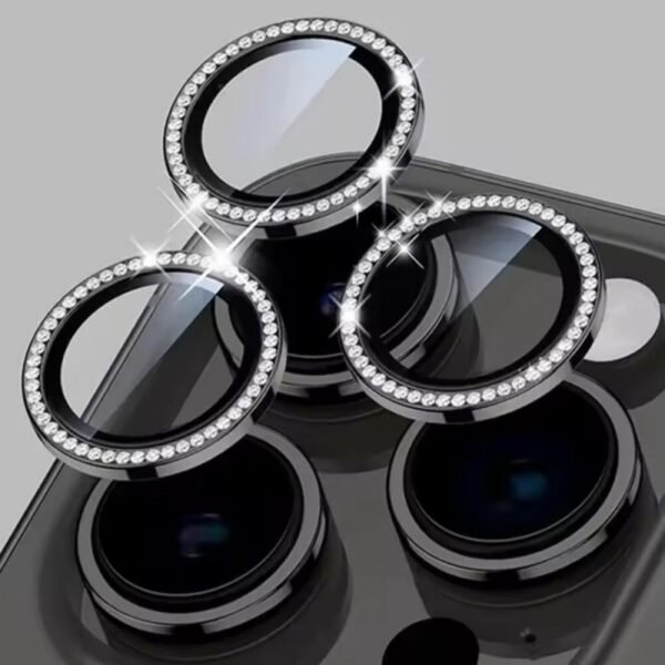 Протектор за камера MBX метални рингове с камъни за iPhone 16 Pro – Черен