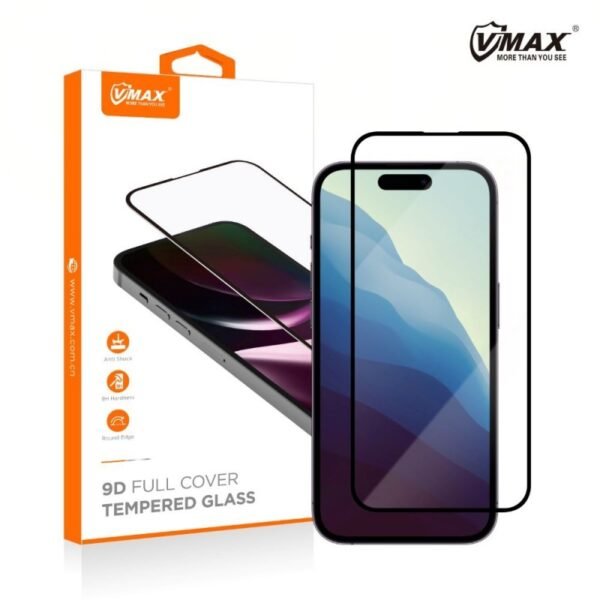Стъклен протектор Vmax за дисплей 9D с цяло лепило за iPhone 16 Plus – Черен