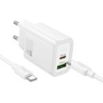 Зарядно Hoco N61 – 20W 1x USB-C 1x USB-A + кабел USB-C към USB-C – Бяло