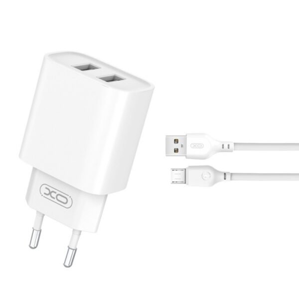 Зарядно XO CE02C – 2x USB + кабел Micro USB – Бяло