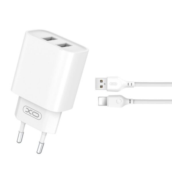 Зарядно XO CE02C – 2x USB-A + кабел Lightning – Бяло