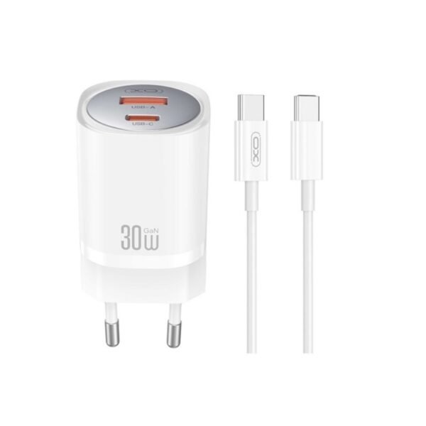 Зарядно XO CE21 – 30W 1x USB-C 1x USB-A + кабел USB-C към USB-C – Бяло