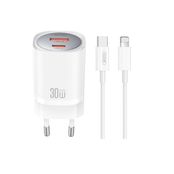 Зарядно XO CE21 – 30W 1x USB-C 1x USB + кабел USB-C към Lightning – Бяло