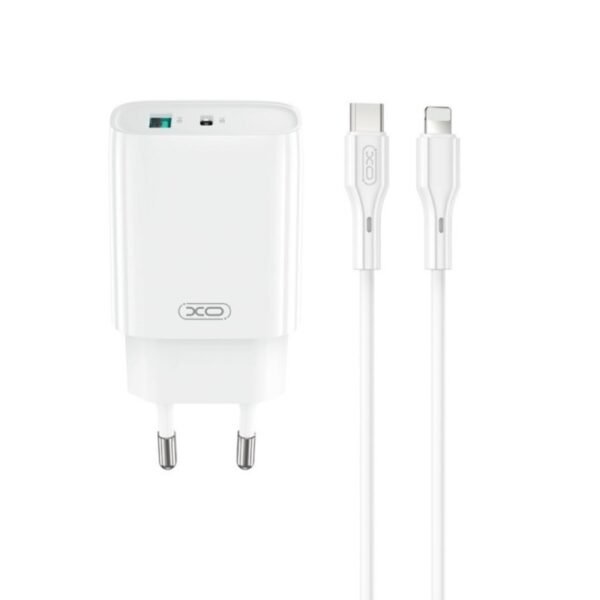 Зарядно XO CE30 – 30W 1x USB-C 1x USB-A + кабел USB-C към Lightning – Бяло