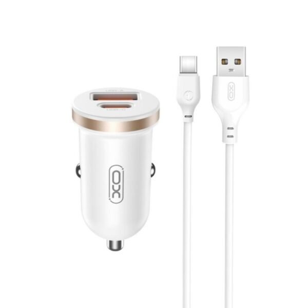 Зарядно XO за кола комплект CC56 PD 30W QC 1x USB 1x USB-C с кабел USB-A – USB-C – Бял