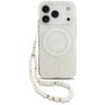 Guess IML Flowers Allover Electroplated with Pearl Strap MagSafe case for Iphone 18 Pro / 17 Pro white